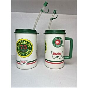 2 Vintage Sinclair Oil 75 Years 1916-1991 Travel Mugs Cup White Green Straw 32oz